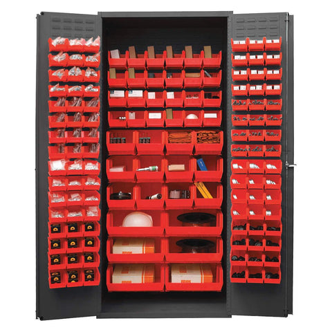 Durham 3500-138B-1795 Lockable Bin Cabinet with 138 Red Hook-On Bins, Flush Door Style, 36" Wide, 14 Gauge, Gray