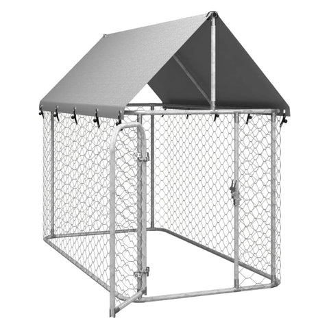 Oakestry Outdoor Dog Kennel Silver Heavy Duty Galvanized Steel Pet Enclosure Spacious Play Area Weatherproof Shelter UV Resistant Fire Retardant Canopy Secure Animal Containment Roofed Dog Pen