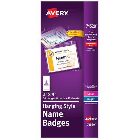 Avery Customizable Name Badges, Cord Hanging Style, 3" x 4", Laser/Inkjet Printable Name Tag Inserts, 50 Total (74520)