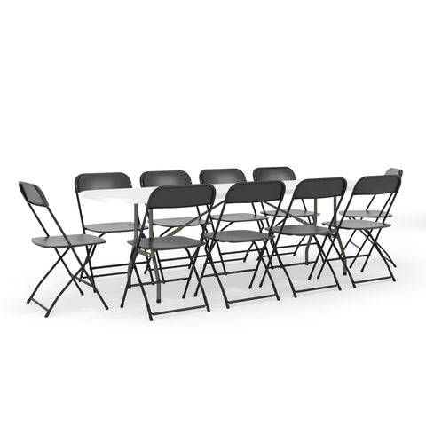 Flash Furniture 8' Plastic Bi-Fold Training Table Set with 10 Folding Chairs, 11-Piece Rectangular Folding Training Table and Chairs Set, White/Black