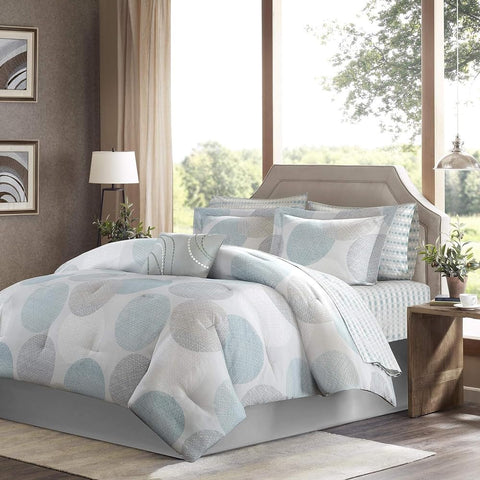 Oakestry 9-Piece Essentials Bed in a Bag Comforter Polka Dot Complete Bedroom Pack with Bed Skirt, Shams, Sheet, Pillowcases, Full(78"X86"), Circular Aqua