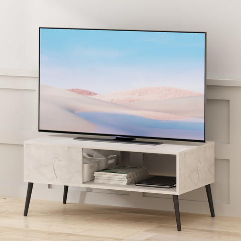 Furinno Claude TV Stand, Mid Century Style Entertainment Center, TV Console for TV up to 40 Inch with Wood Legs, for Living Room, Bedroom, Marble White