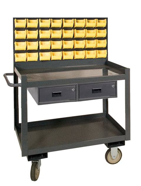 Stock Cart/Workstation w/ Louvered Panel 2 Shelves 24 x 36 14 Gauge 1200 lbs. Capacity 32 Yellow Bins Locking Drawers 5 x 1-1/4 Polyurethane Casters - (2) Rigid (2) Swivel w/ Side Brakes gray