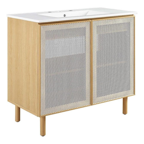 Modway EEI-6678-WHI-OAK Calla 36" Perforated Metal Bathroom Vanity, White Oak