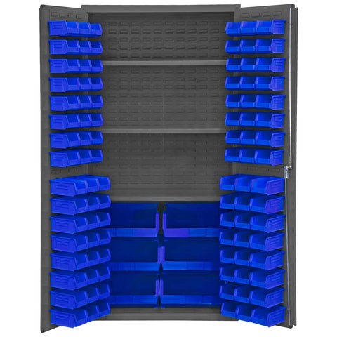 Durham 3501-BDLP-102-3S-5295 Lockable Cabinet with 102 Blue Hook-On Bins, 3 Adjustable Shelves, Flush Door Style, 36" Wide, 14 Gauge, Gray