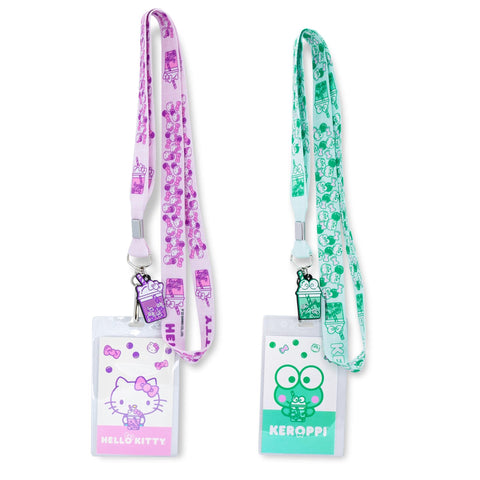 Sanrio Hello Kitty and Keroppi Boba Tea Lanyard Set with ID Badge Holders and Removable Charms | Keychain for Office, Staff, Students