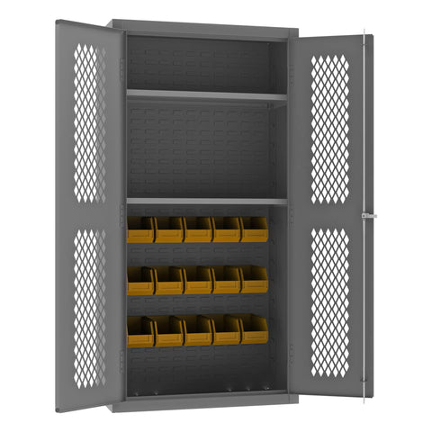 Durham Heavy Duty Welded 14 Gauge Steel Ventilated Cabinet with 15 Bins, EMDC36182S15B95, 900 lbs Capacity, 18" Length x 36" Width x 72" Height, 2 Shelves