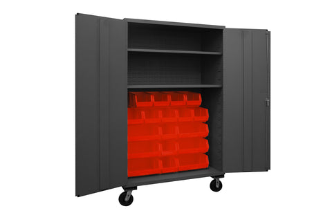 Durham 2502M-BLP-18-2S-1795 Lockable Mobile Cabinet with 18 Red Hook-On Bins, 2 Adjustable Shelves, Flush Door Style, 48" Wide, 16 Gauge, Gray