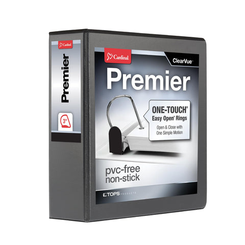 Cardinal 3 Ring Binder, Binders for School and Office, Durable 3 Inch Premier Easy Open Binder, ONE-Touch Slant-D Rings, 650-Sheet Capacity, ClearVue Cover, PVC-Free, Black (10331)