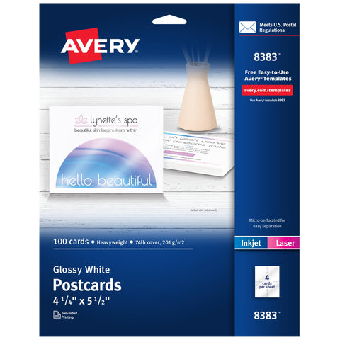 Avery Printable Postcards, 4.25" x 5.5", Glossy White, 100 Blank Postcards for Inkjet and Laser Printers (8383)