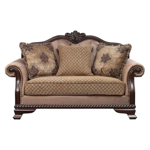 Oakestry Chateau De Ville Fabric Loveseat 3 Pillow Beige Espresso Upholstered Elegant Comfortable Durable Stylish Compact Living Room Sofa Cozy Seating Traditional Contemporary Furniture