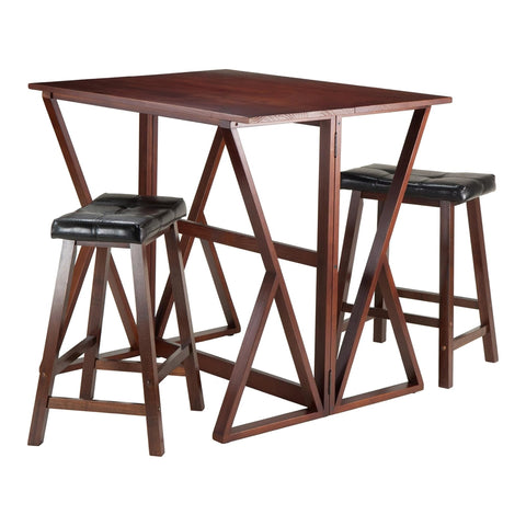 Oakestry Harrington 3-Piece Drop Leaf High Table Set, 24-Inch, Brown Space-Saving Counter-Height Table with 2 Cushioned Saddle Seat Stools, Solid Wood Dining & Kitchen Furniture