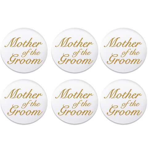 Beistle 6 Piece Mother of The Groom Pinback Satin Buttons for Bridal Shower Bachelorette Party Pins, 2", White/Gold