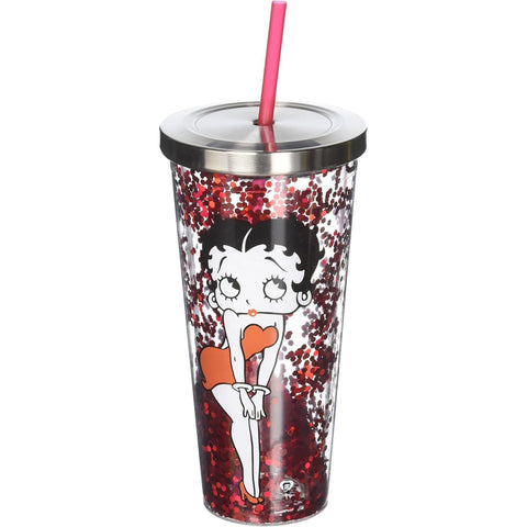 Smart Living Company 21302 Betty Boop Glitter Cup With Straw, 4 x 4 x 10.8 Inches, Red