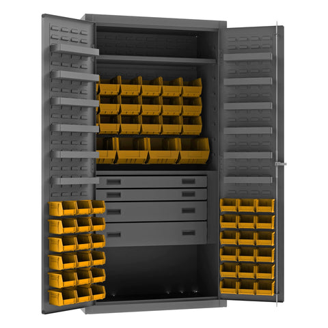 Heavy Duty Cabinet 14 Gauge 36 x 24 x 72 1 Fixed Shelf 1 Adjustable Shelf 58 Yellow Bins Flush Doors with Louvered Panel 4 Drawers 12 Door Shelves Lockable Chrome Handle with Keys Gray