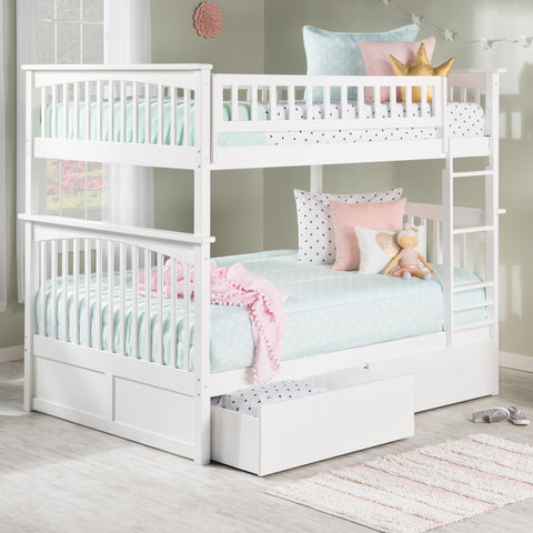 AFI Columbia Full over Full Size Bunk Bed with Bed Drawers and Charging Station in White