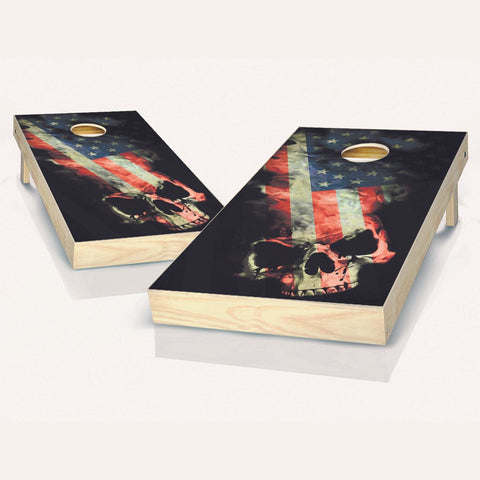 American Flag Skull Cornhole Set - 2x4 Boards (Corn Filled Bags) - Include Edge Lights + Score Tower