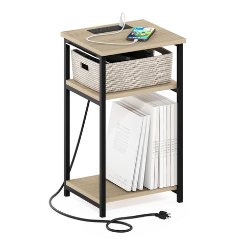Furinno Moretti Side Table, 3-Tier Modern End Table with Charging Station, Metal Frame Night Stand, Bedside Table with USB and Type-C Charging Port, for Living Room, Bedroom, Bauhaus Oak