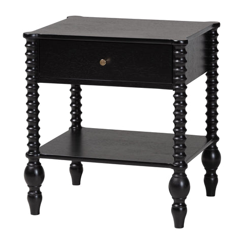 Baxton Studio Callison Spindle Nightstand - 1-Drawer Farmhouse Bedside Table with Open Shelf Storage and Turned Accents for Bedroom, Black