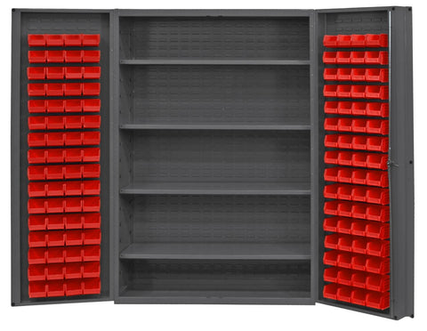 Heavy Duty Cabinet 14 Gauge 48 x 24 x 72 4 Adjustable Shelves 128 Red Bins 4 Inch Deep Box Doors with Louvered Panel Lockable Chrome Handle with Keys Gray