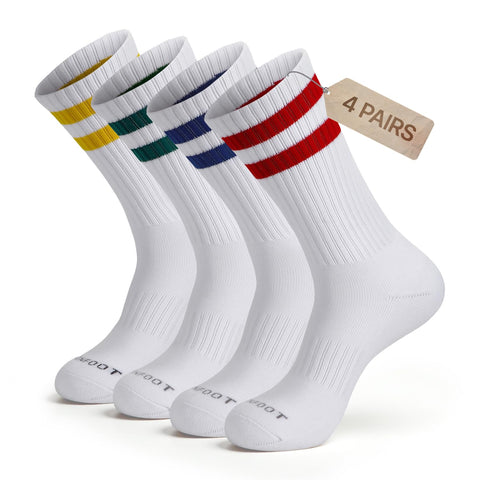 MONFOOT Men's/Women's 4 Pairs Athletic Cushion Crew Socks, Striped Medium Multipack