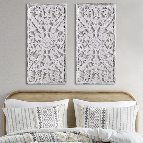Oakestry 2-Piece Vintage Botanical Carved Wooden Panel Ready-To-Hang Wall Decor Standout Piece Hang Frame for Interior Design, White, 15.75" W X 31.5" L X 0.59" D