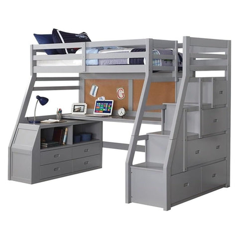 Oakestry Jason Wooden Twin Storage Loft Bed Gray Durable Space Saving Kids Bedroom Furniture Functional Integrated Drawers Modern Transitional Design Premium Home Décor Sleeping Solution