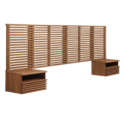 Modway Render Wall-Mount King Headboard and Modern Nightstands Bedroom Set in Walnut