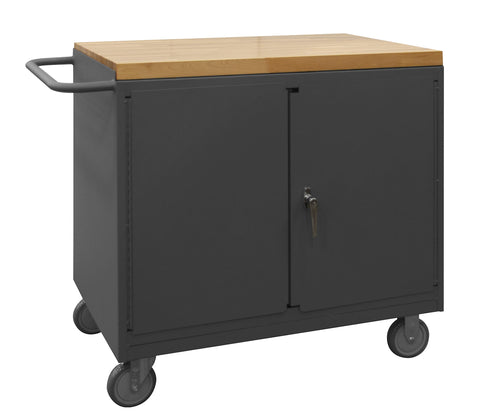 Mobile Bench Cabinet With 5 Inch X 1-1/4 Inch Polyurethane Casters (2) Rigid And (2) Swivel 4 Drawers And 2 Doors Maple Top Work Surface With Tubular Push Handle Gray