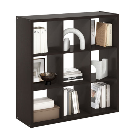 Furinno CUBICLE Book Shelf, 9-Cube Bookshelf, Extra Thick Frame Reversible Bookcase with Open Back, 14.6" x 44" x 44", for Living Room, Bedroom, Home Office, Black Dark Oak