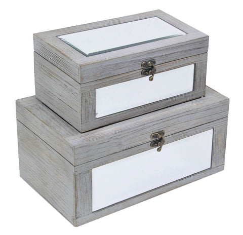 Larkspur Set of 2 Gray Washed Mirrored Wood Boxes