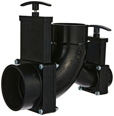 Valterra T81 Ell Double Rotating Valve, 3" Hub x 1-1/2" Hub x 3" Spigot Outlet,Black
