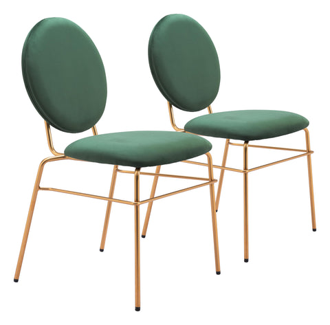Zuo Odessa Dining Chair (Set of 2) Green & Gold, Green Dining Chair, Soft and Smooth Velvet Fabric, Plywood, Indoor Dining, 19.3" W x 22.8" D x 34.3" H