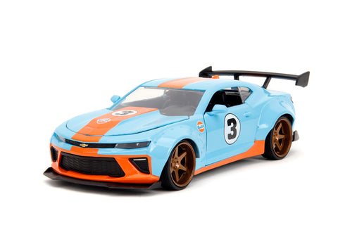 Jada Toys Big Time Muscle 1:24 2016 Chevy Camaro SS Widebody Gulf Die-Cast Car, Toys for Kids and Adults(Blue/Orange)