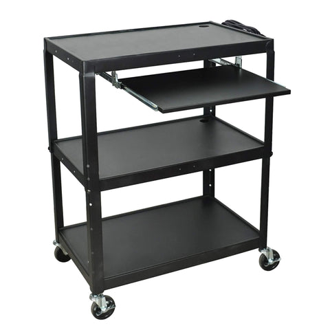 LUXOR AVJ42XLKB Extra-Large Steel AV Cart with Adjustable-Height, Pullout Keyboard Tray, 3 Shelves, 24" to 42" Height, Black
