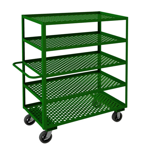 Garden Cart With 6 Inch x 2 Inch Mold-On-Rubber Casters (2) Rigid And (2) Swivel 5 Perforated Shelves 1-1/2 Inch Lips Up And Tubular Push Handle Green