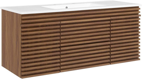 Modway Render 48" Wall-Mount Bathroom Vanity Cabinet with Ceramic Sink Basin in Walnut White