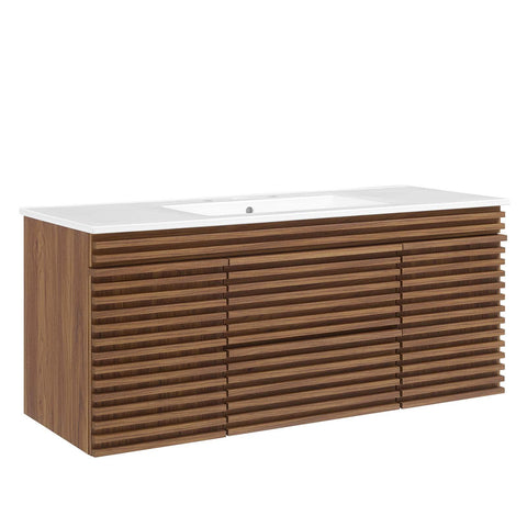 Modway Render 48" Wall-Mount Bathroom Vanity Cabinet with Ceramic Sink Basin in Walnut White