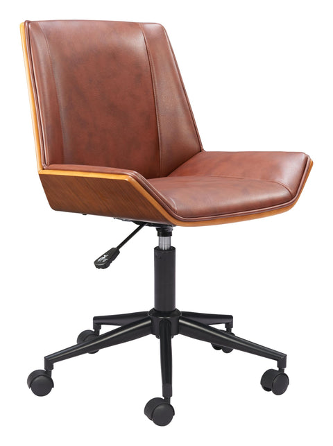 Zuo Maker Office Chair Brown, Brown Office Chair, Modern Style, Faux Leather, Plush and Durable Faux Leather Fabric, Plywood, Indoor Office, 26.8" W x 26.8" D x 30.9~35.8" H, Non-Stackable