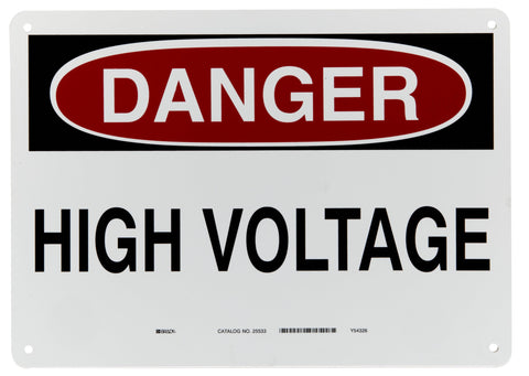 Brady 25533 10" Height, 14" Width, B-401 Plastic, Black And Red On White Color Admittance Sign, Legend "Danger, High Voltage"