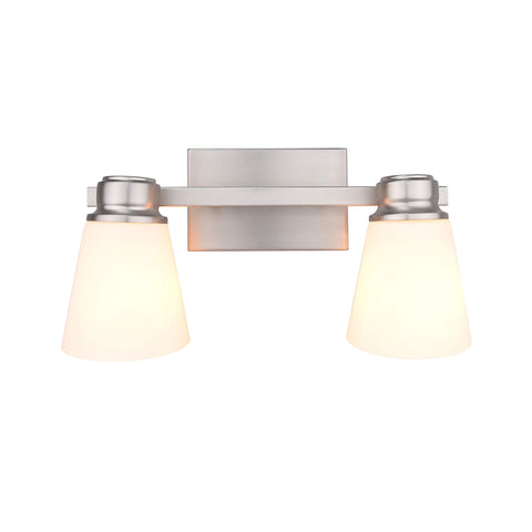 Yosemite Home Decor Jordan 2-Light Vanity Light in Satin Nickel with Frosted White Glass Shades