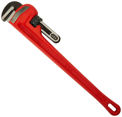 RIDGID 31030 Heavy-Duty Straight Pipe Wrench, 24" Sturdy Plumbing Wrench with Self Cleaning Threads and Hook Jaws, Red, Small