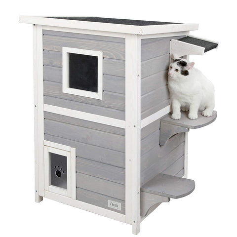 Petsfit Outdoor Cat House, 2 Story Outside Cat Shelter Condo Enclosure with Escape Door for Stray Feral Cats Weatherproof