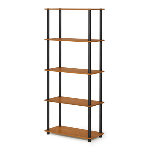 Furinno TURN-N-TUBE Storage Shelves, 5-Tier Book Shelf, Corner Shelf, Toolless Open Shelves, for Organization and Storage, Living Room, Garage, Home Office, Light Cherry