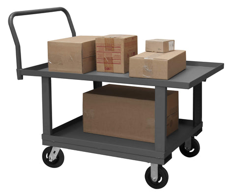 Platform Truck Work Height 12 Gauge 2000 lbs Capacity 2 Shelves 24 x 48 Lipped Deck 6 x 2 Mold-On Rubber Casters - (2) Rigid (2) Swivel Gray