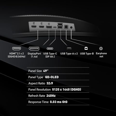 msi MPG 491CQPX QD-OLED 49-inch QD-OLED 5120 x 1440 (DQHD) Computer Monitor, 240Hz, G-SYNC Compatible, HDMI, Display Port, VGA Port, VESA Mountable, Tilt, Height Adjustable, Speaker, 0.03ms, Black