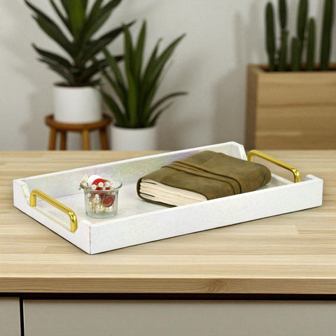 Nimue 15.75" Decorative Rectangular Tray - Prismatic Scale Pattern - White with Gold Handles - for Serving, Display, Organization - Ideal for Living Room or Home Office - by Cheungs