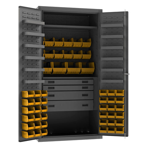 Heavy Duty Cabinet 14 Gauge 36 x 24 x 72 1 Fixed Shelf 1 Adjustable Shelf 52 Yellow Bins Flush Doors with Louvered Panel 4 Drawers 12 Door Shelves Lockable Chrome Handle with Keys Gray