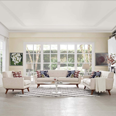 Modway Engage Mid-Century Modern Upholstered Fabric Sofa, Loveseat and Armchair in Beige