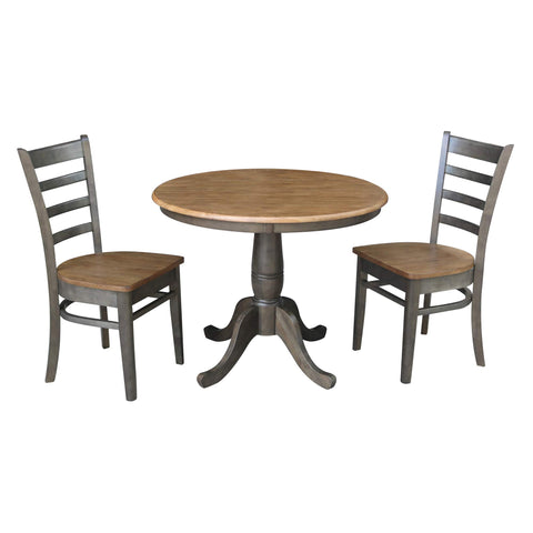 IC INTERNATIONAL CONCEPTS 36" Round Wood Table with 2 Emily Chairs in Hickory/Washed Coal - 3 Piece Set